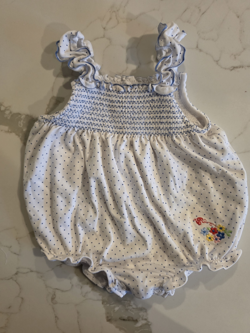 Kissy Kissy Smocked Pima Cotton White And Blue Polka Dot Bubble